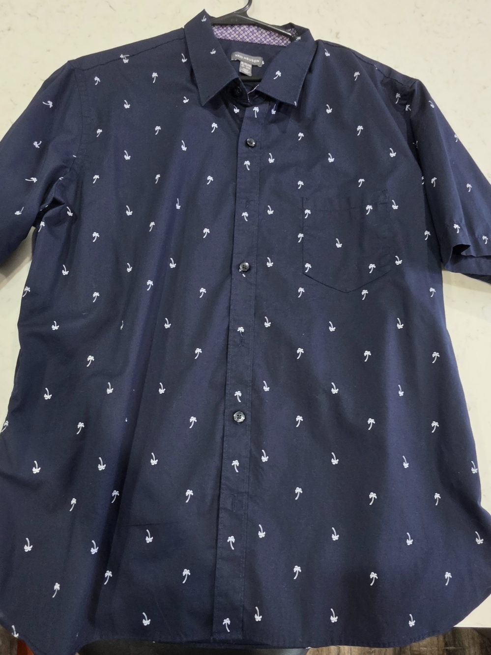 Van Heusen Navy Short-Sleeve Button-Down Shirt with White Palm Motif